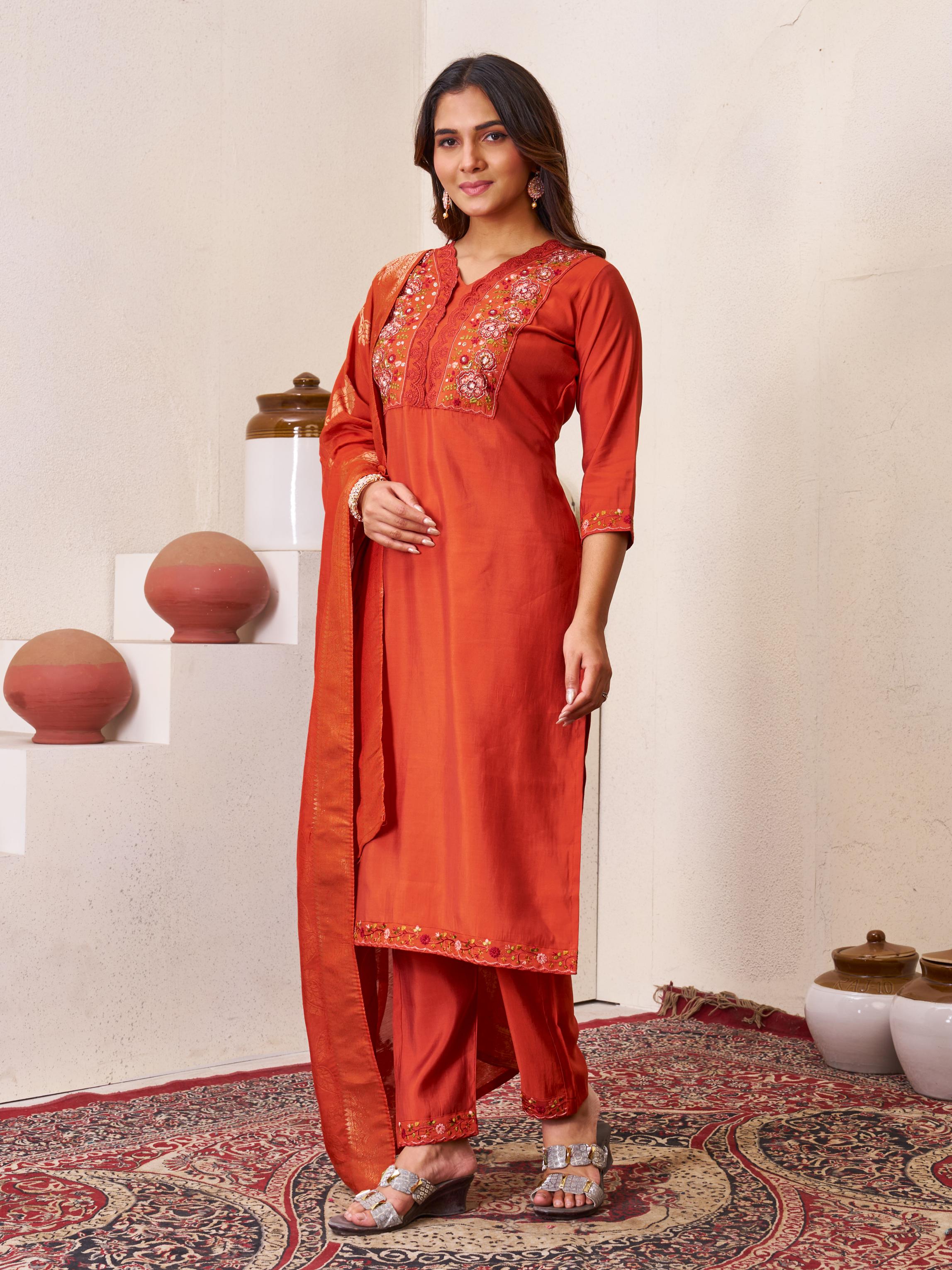 Sonakshi Women's Rust Roman Silk Multi Embroidered Sequins With Hand Work Kurta Set with Dupatta - Distacart