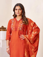 Sonakshi Women's Rust Roman Silk Multi Embroidered Sequins With Hand Work Kurta Set with Dupatta - Distacart