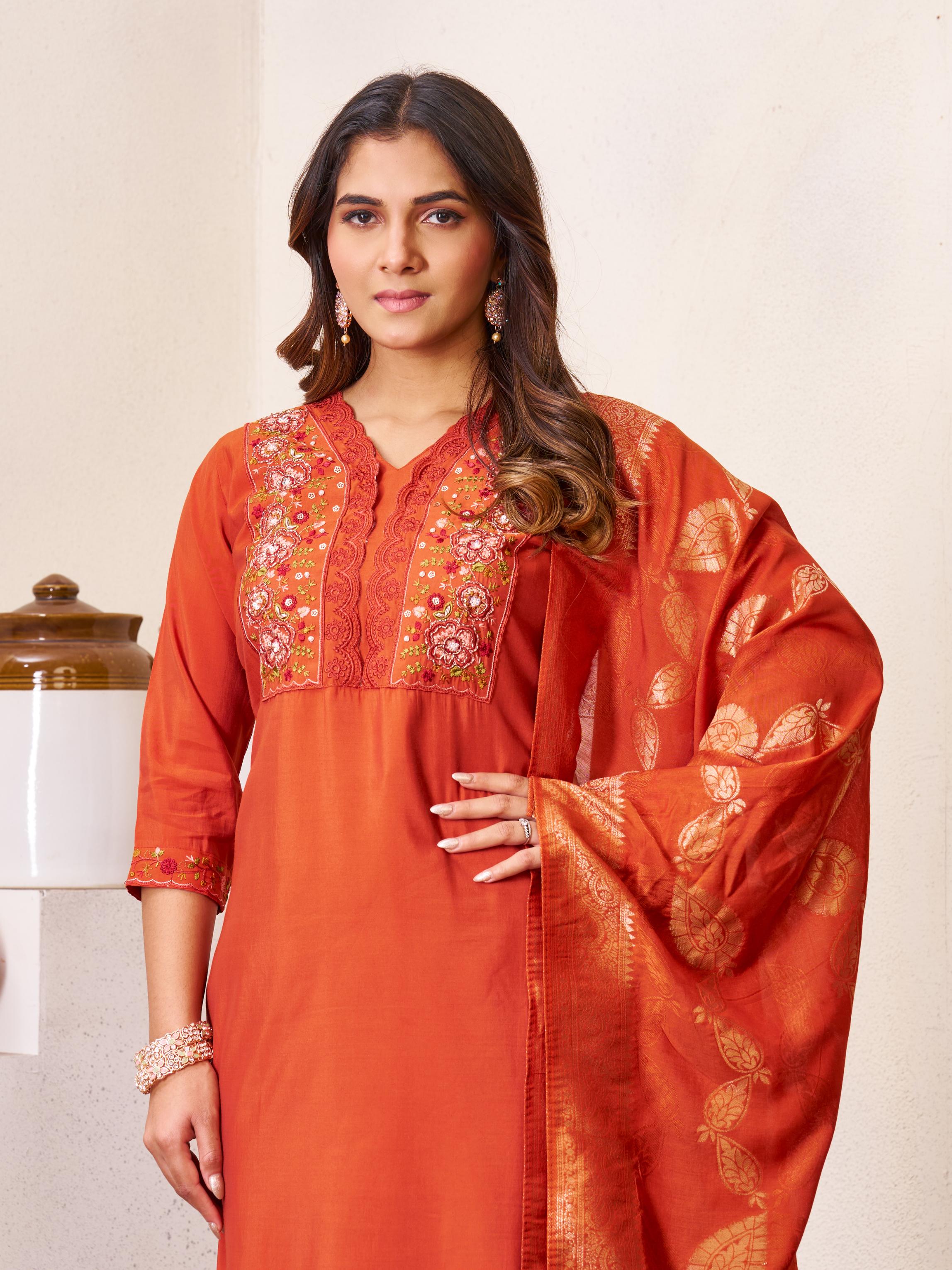 Sonakshi Women's Rust Roman Silk Multi Embroidered Sequins With Hand Work Kurta Set with Dupatta - Distacart