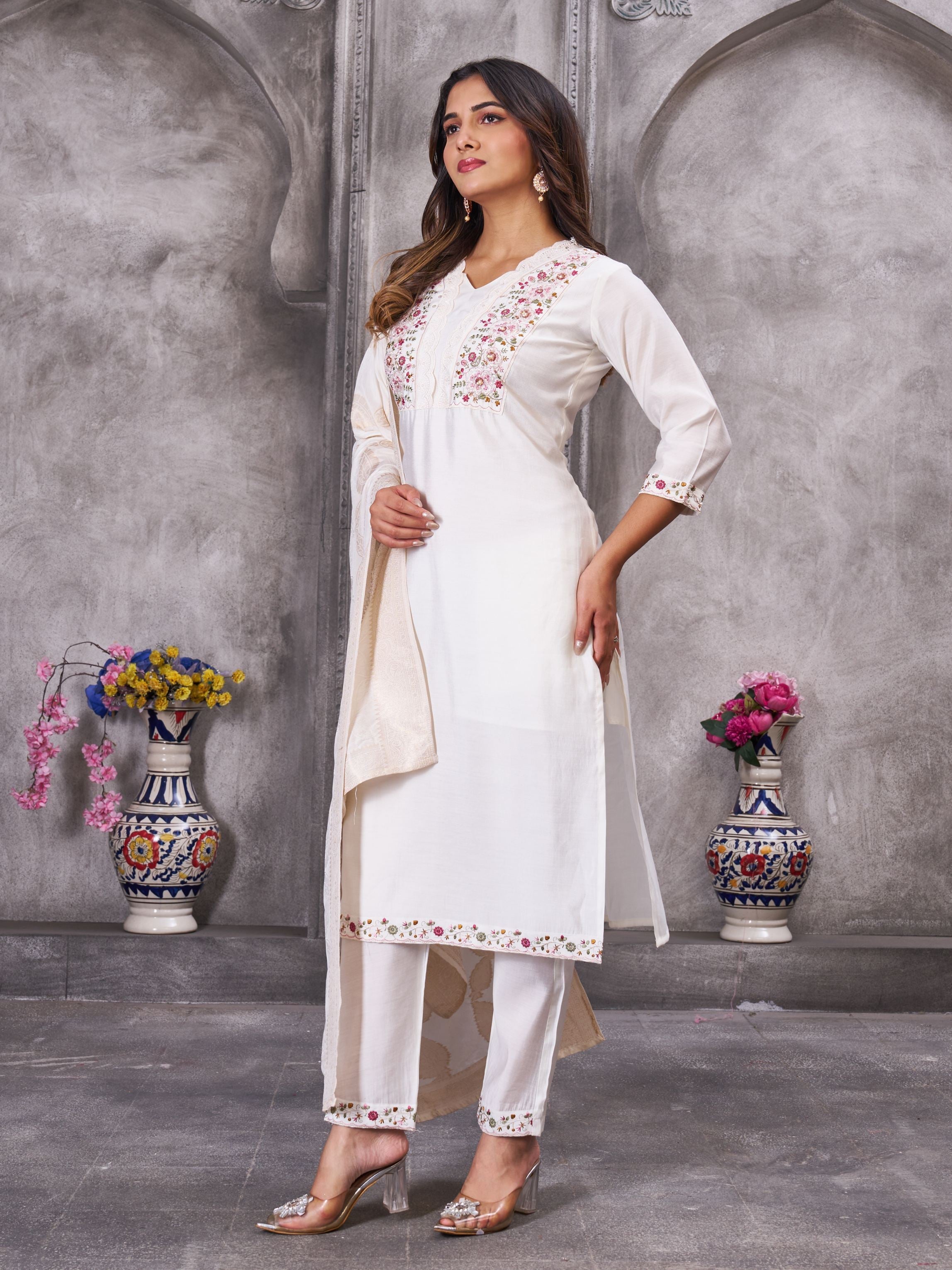 Sonakshi Women's White Roman Silk Multi Embroidered Sequins With Hand Work Kurta Set with Dupatta - Distacart