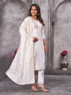 Sonakshi Women's White Roman Silk Multi Embroidered Sequins With Hand Work Kurta Set with Dupatta - Distacart