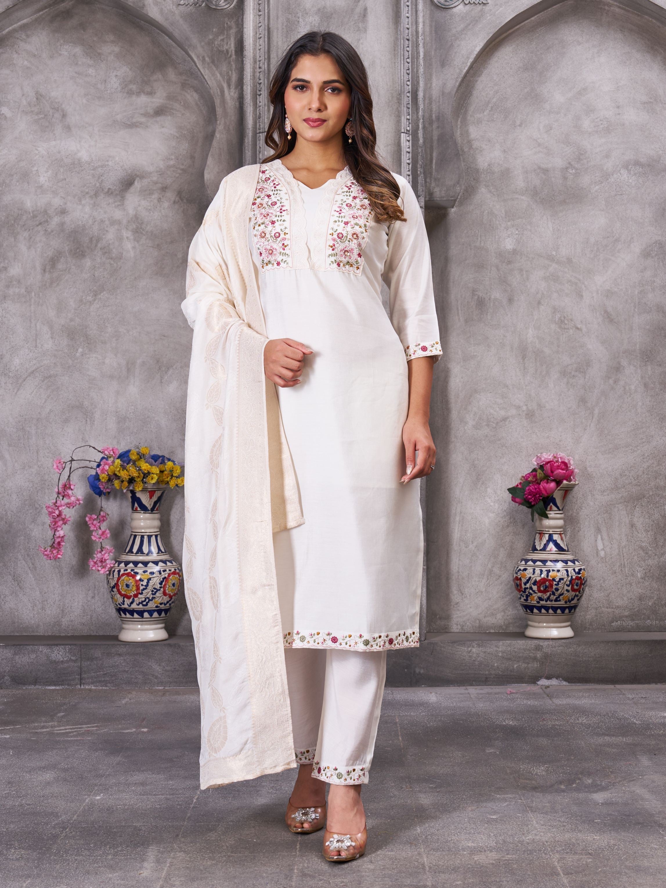 Sonakshi Women's White Roman Silk Multi Embroidered Sequins With Hand Work Kurta Set with Dupatta - Distacart