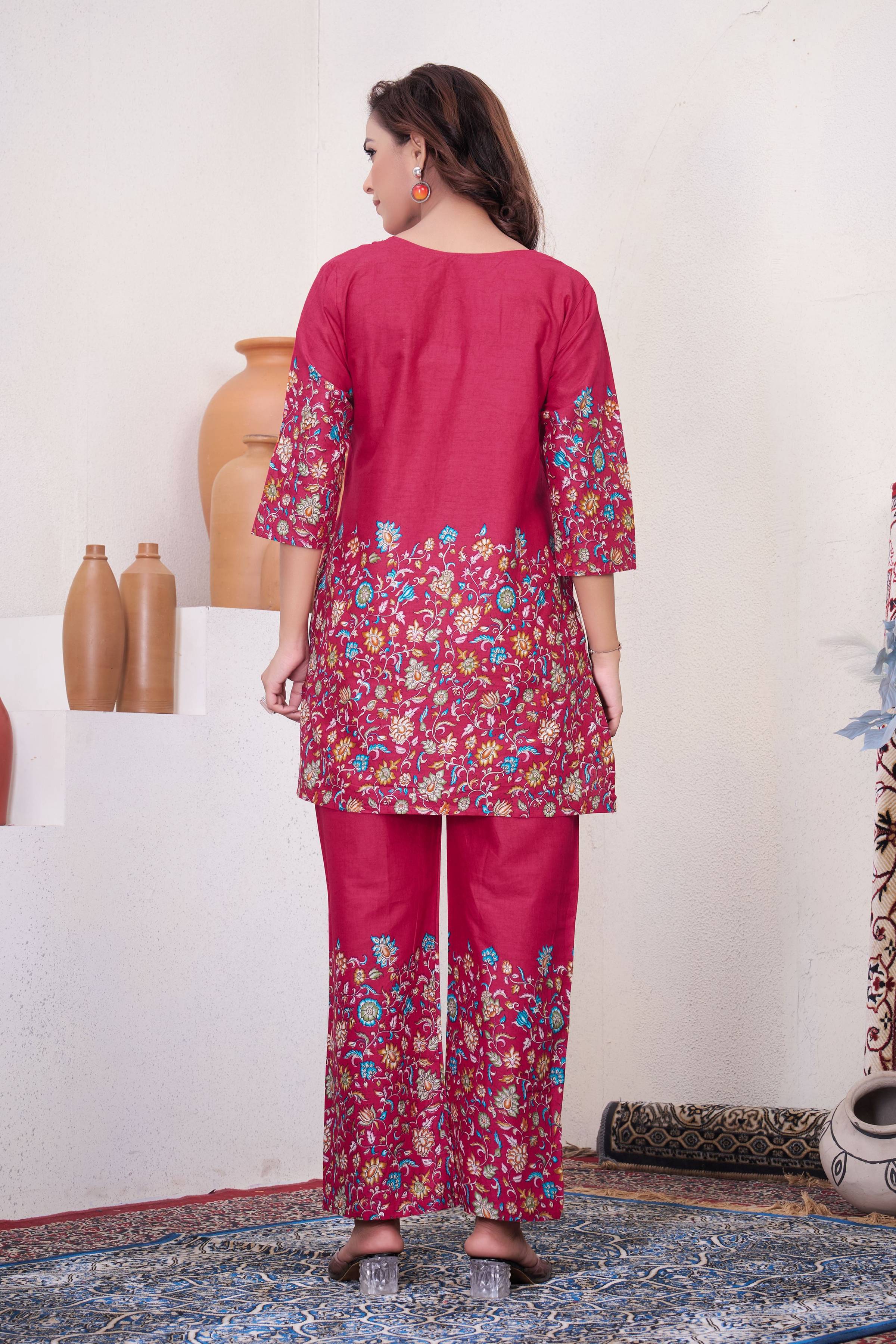 Sonakshi Women's Pink Cotton Printed Straight Top & Bottom Set - Distacart