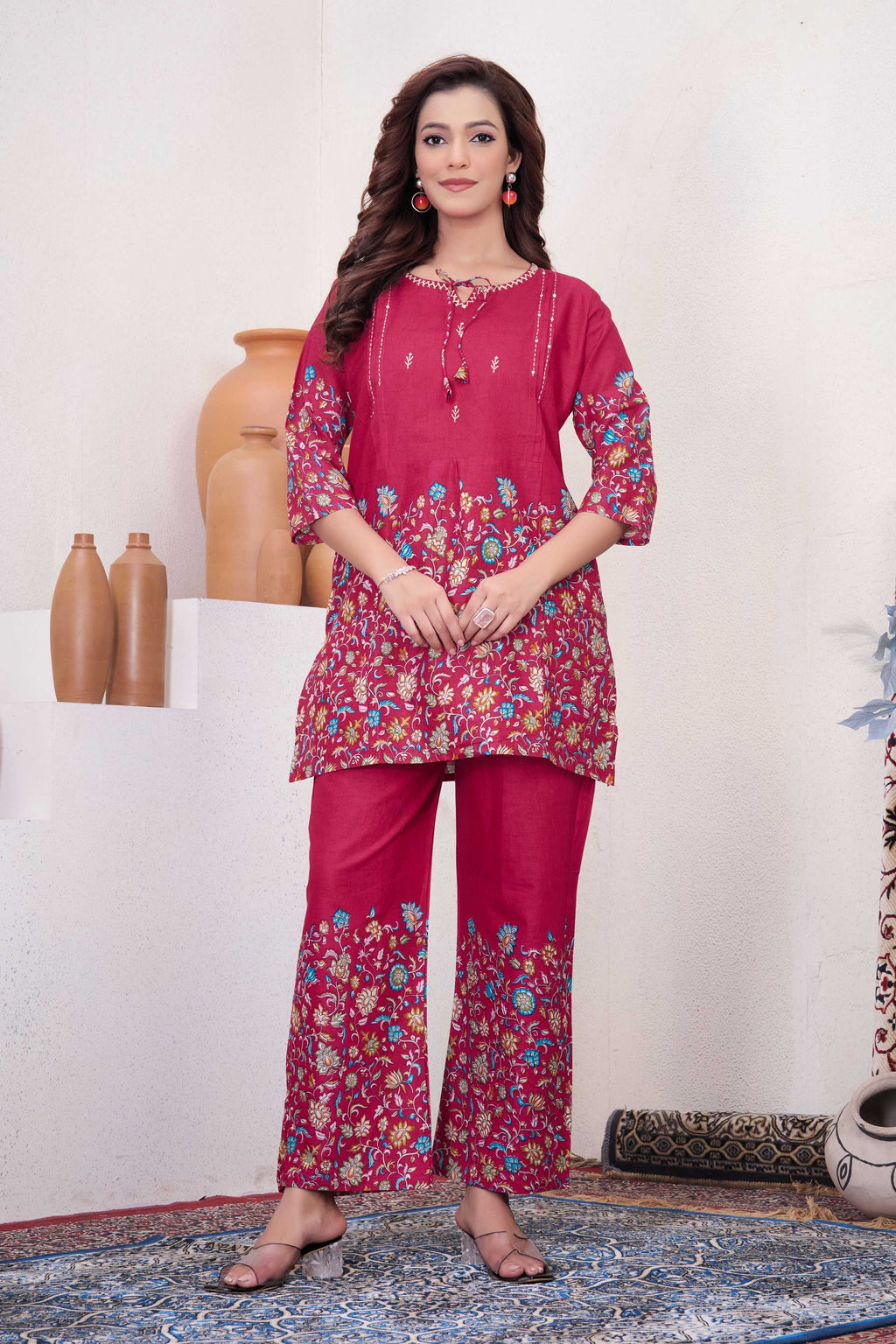 Sonakshi Women's Pink Cotton Printed Straight Top & Bottom Set - Distacart