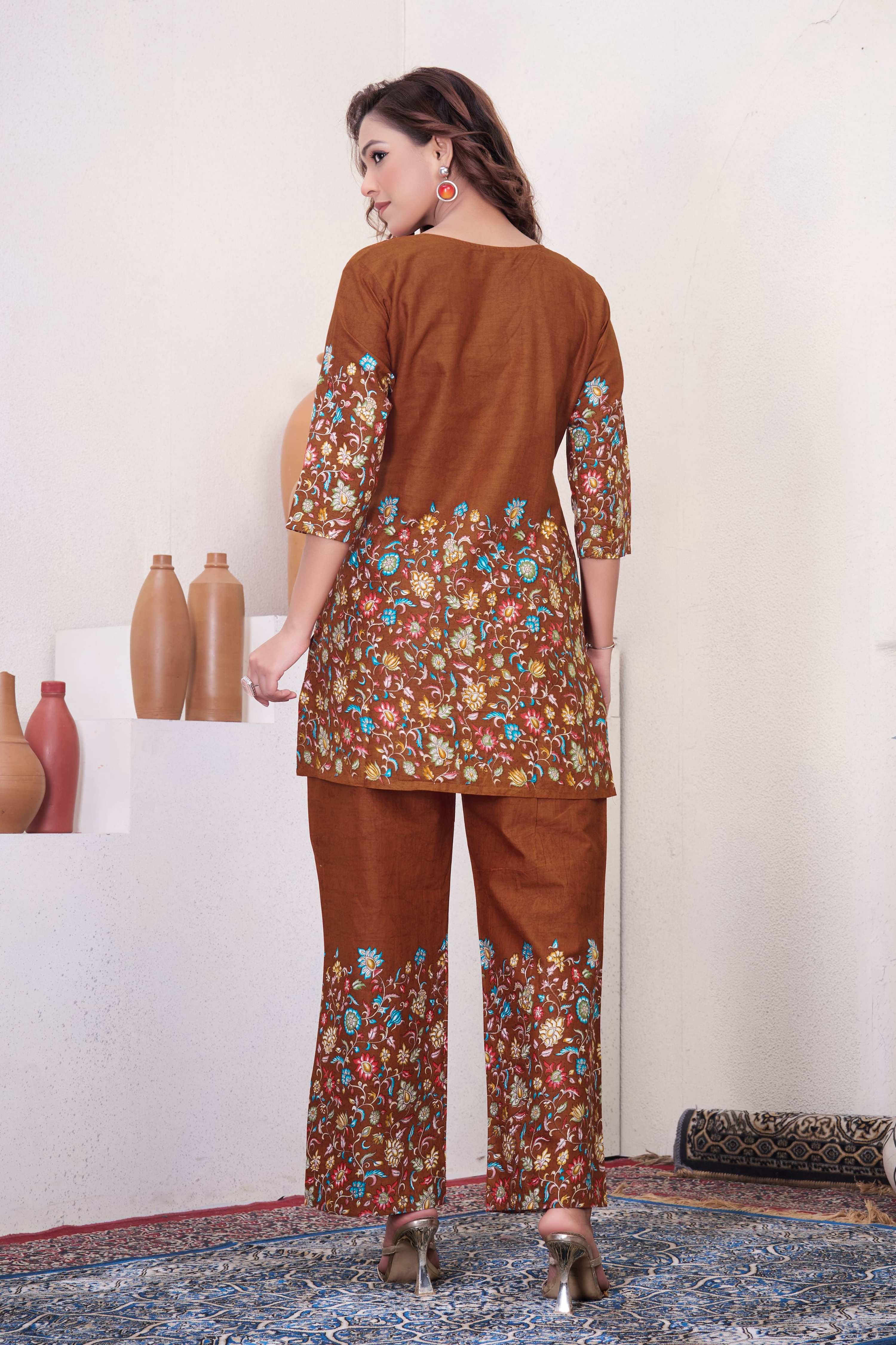 Sonakshi Women's Brown Cotton Printed Straight Top & Bottom Set - Distacart