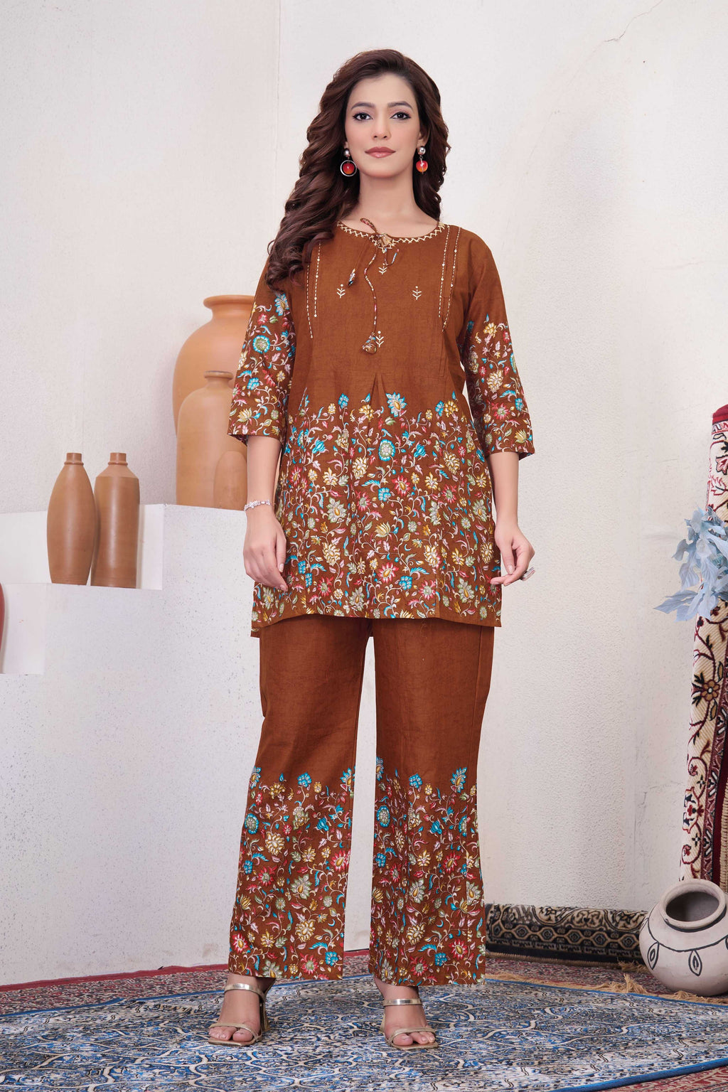 Sonakshi Women's Brown Cotton Printed Straight Top & Bottom Set - Distacart
