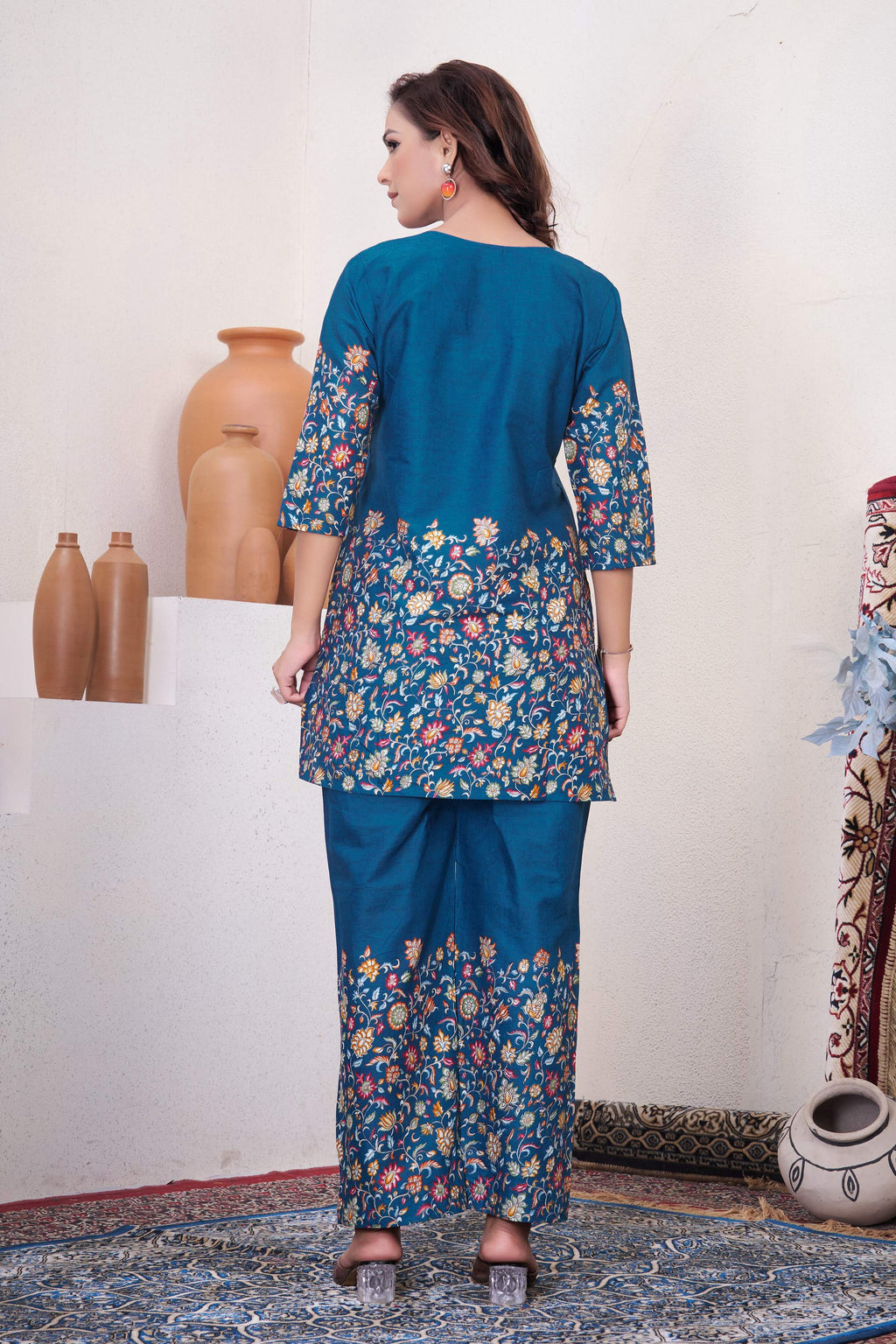 Sonakshi Women's Teal Cotton Printed Straight Top & Bottom Set - Distacart