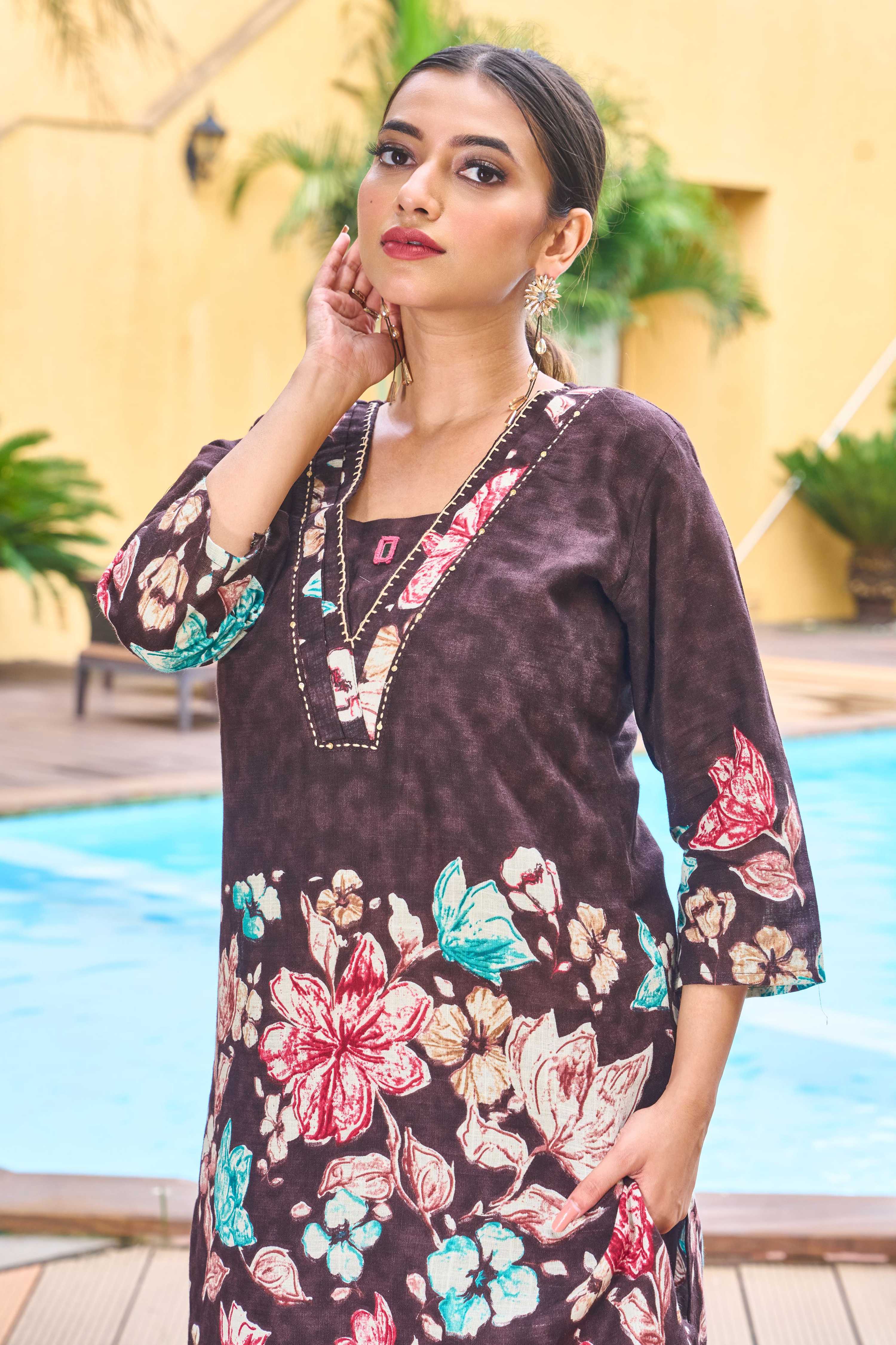 Sonakshi Women's Coffee Cotton Printed Straight Top & Bottom Set - Distacart