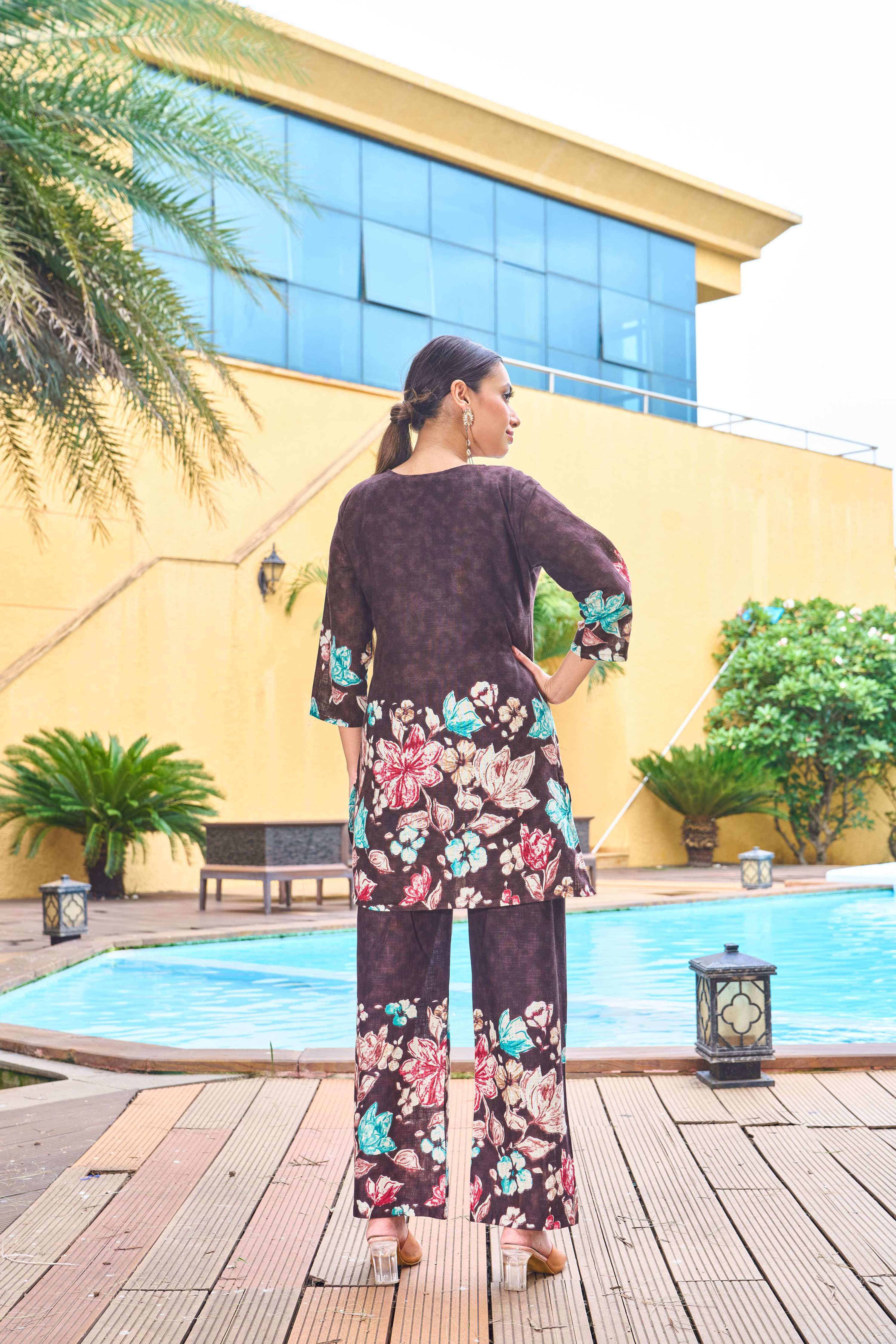 Sonakshi Women's Coffee Cotton Printed Straight Top & Bottom Set - Distacart