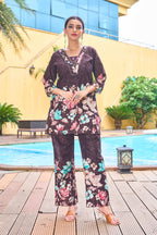 Sonakshi Women's Coffee Cotton Printed Straight Top & Bottom Set - Distacart