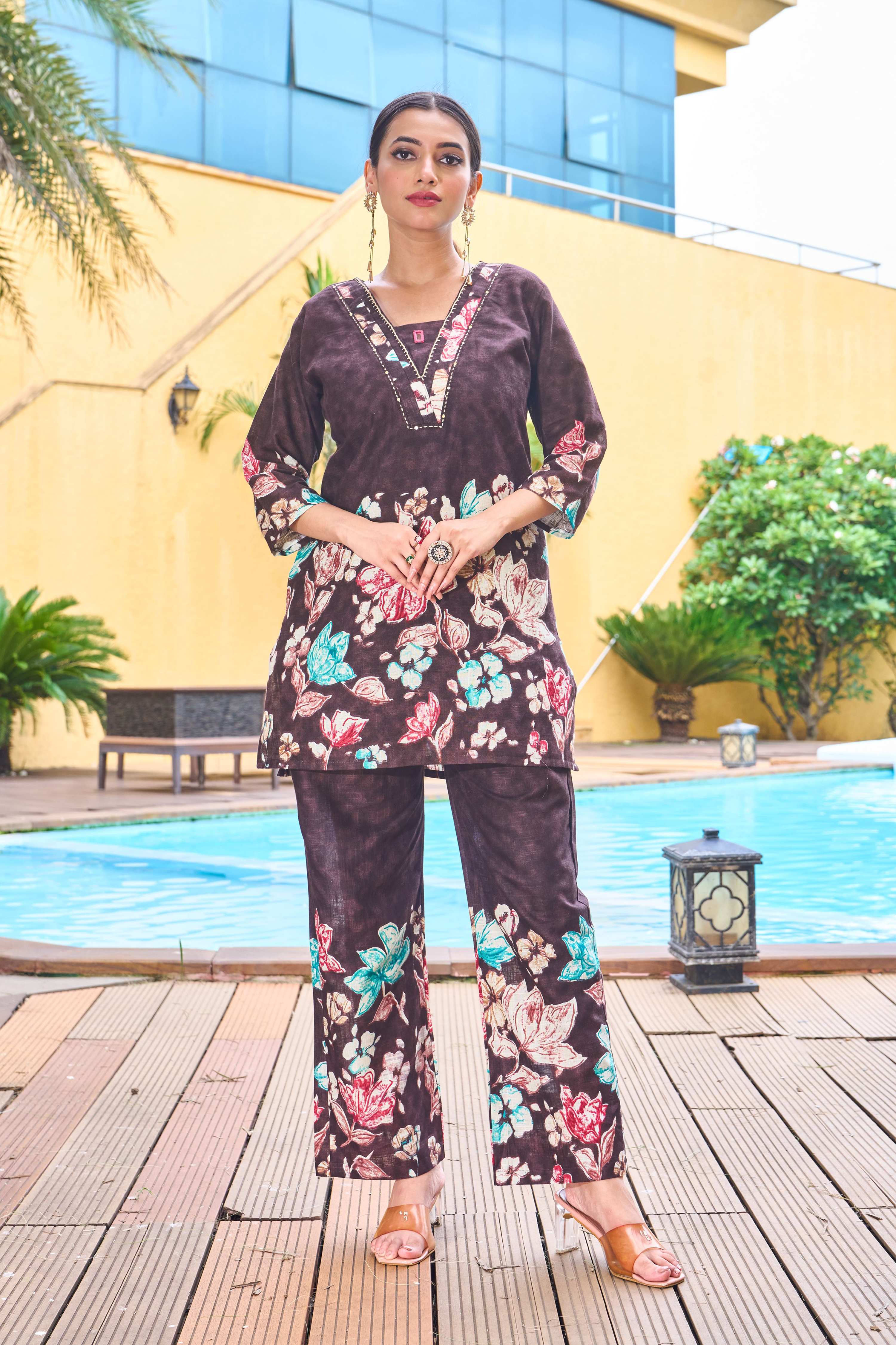 Sonakshi Women's Coffee Cotton Printed Straight Top & Bottom Set - Distacart