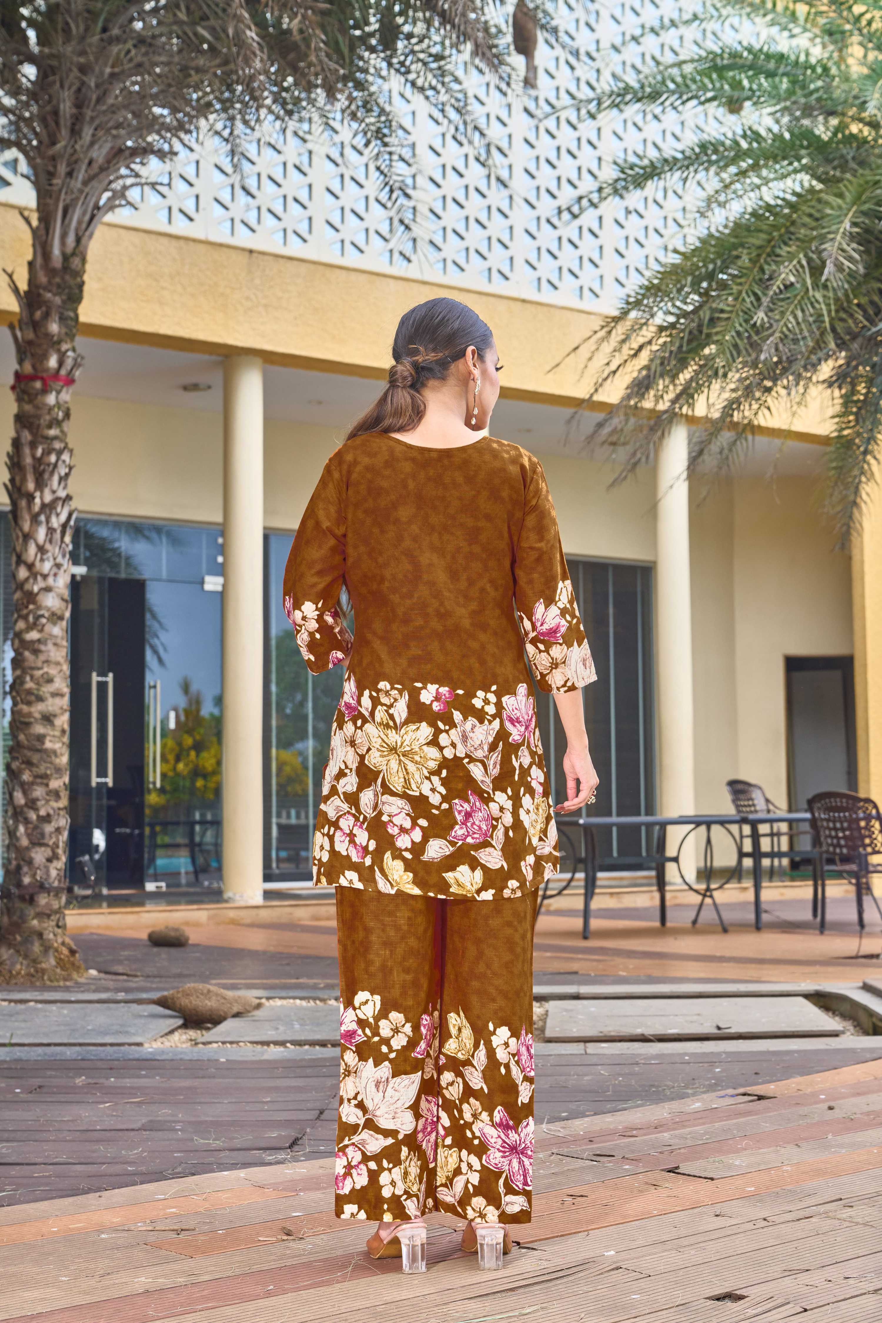 Sonakshi Women's Mustard Cotton Printed Straight Top & Bottom Set - Distacart