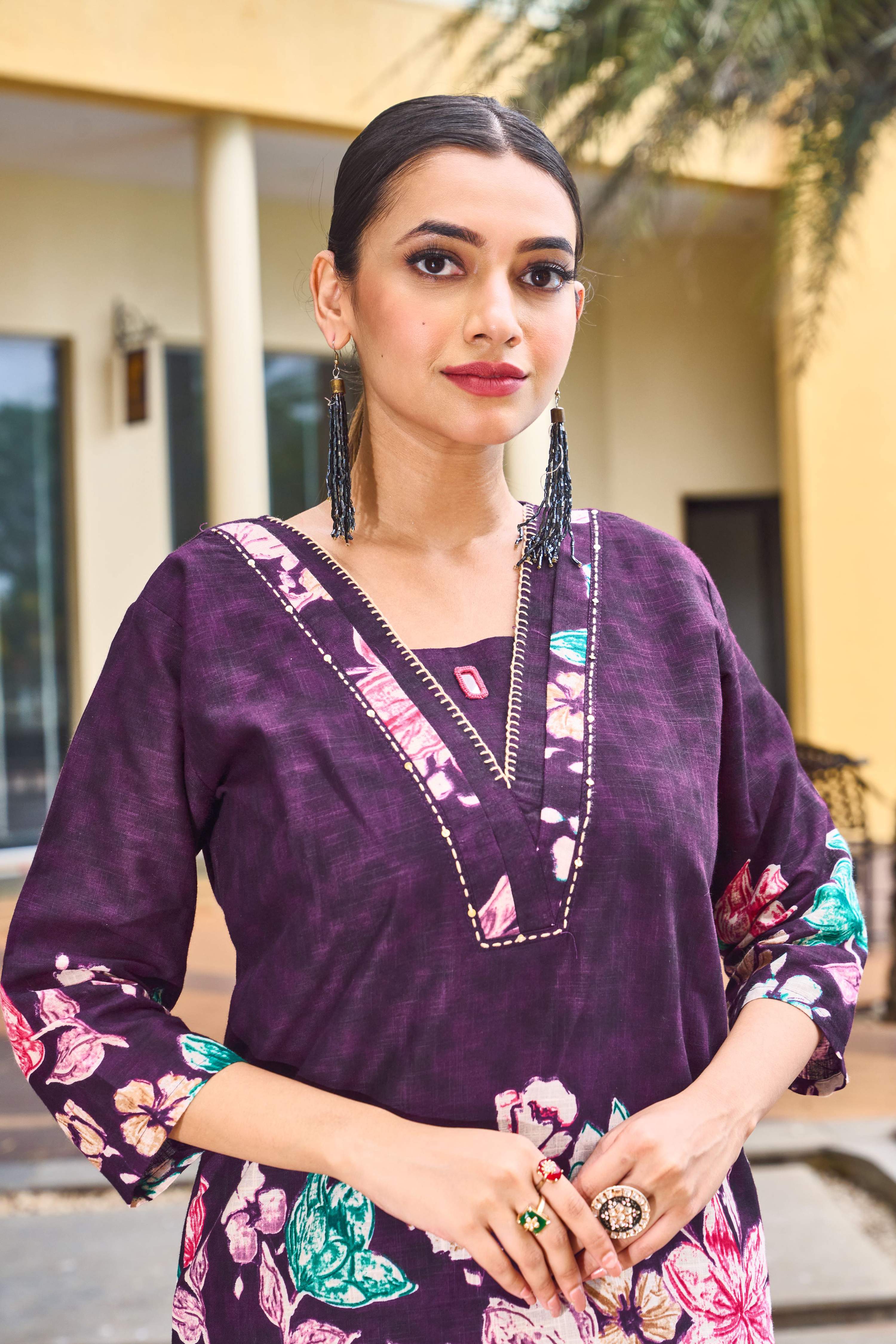 Sonakshi Women's Wine Cotton Printed Straight Top & Bottom Set - Distacart