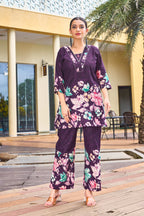 Sonakshi Women's Wine Cotton Printed Straight Top & Bottom Set - Distacart