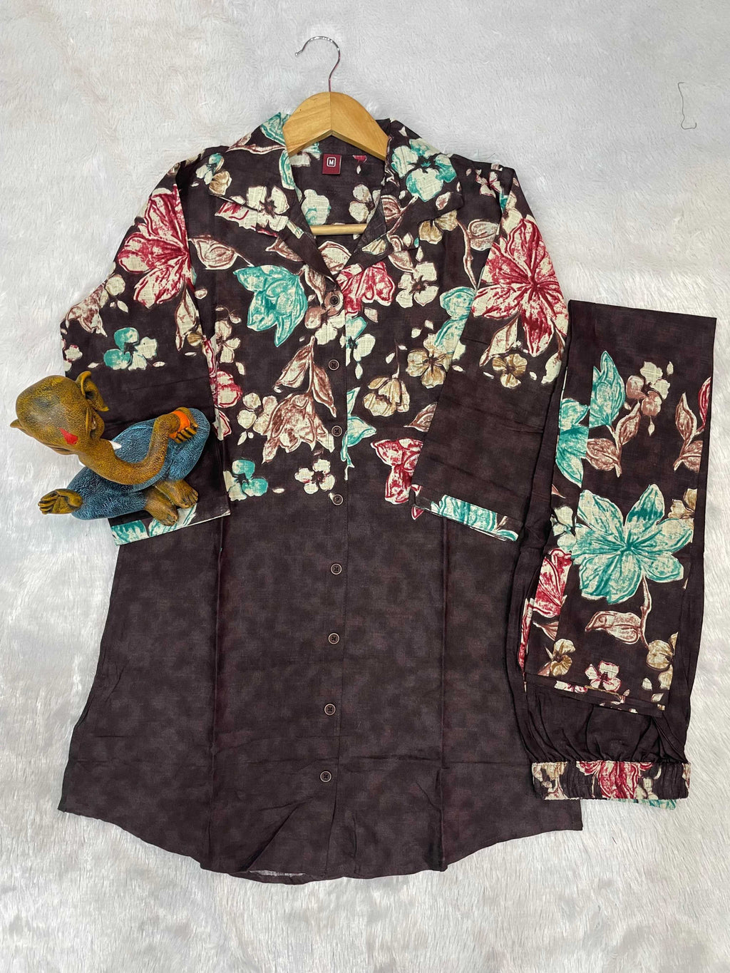 Sonakshi Women's Coffee Cotton Printed Straight Top & Bottom Set - Distacart