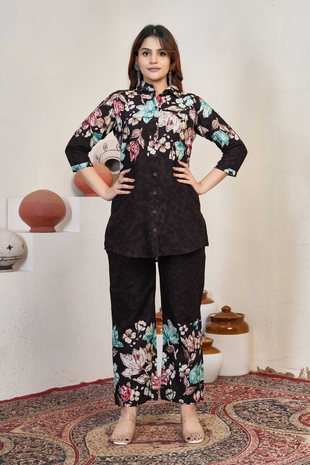 Sonakshi Women's Coffee Cotton Printed Straight Top & Bottom Set - Distacart