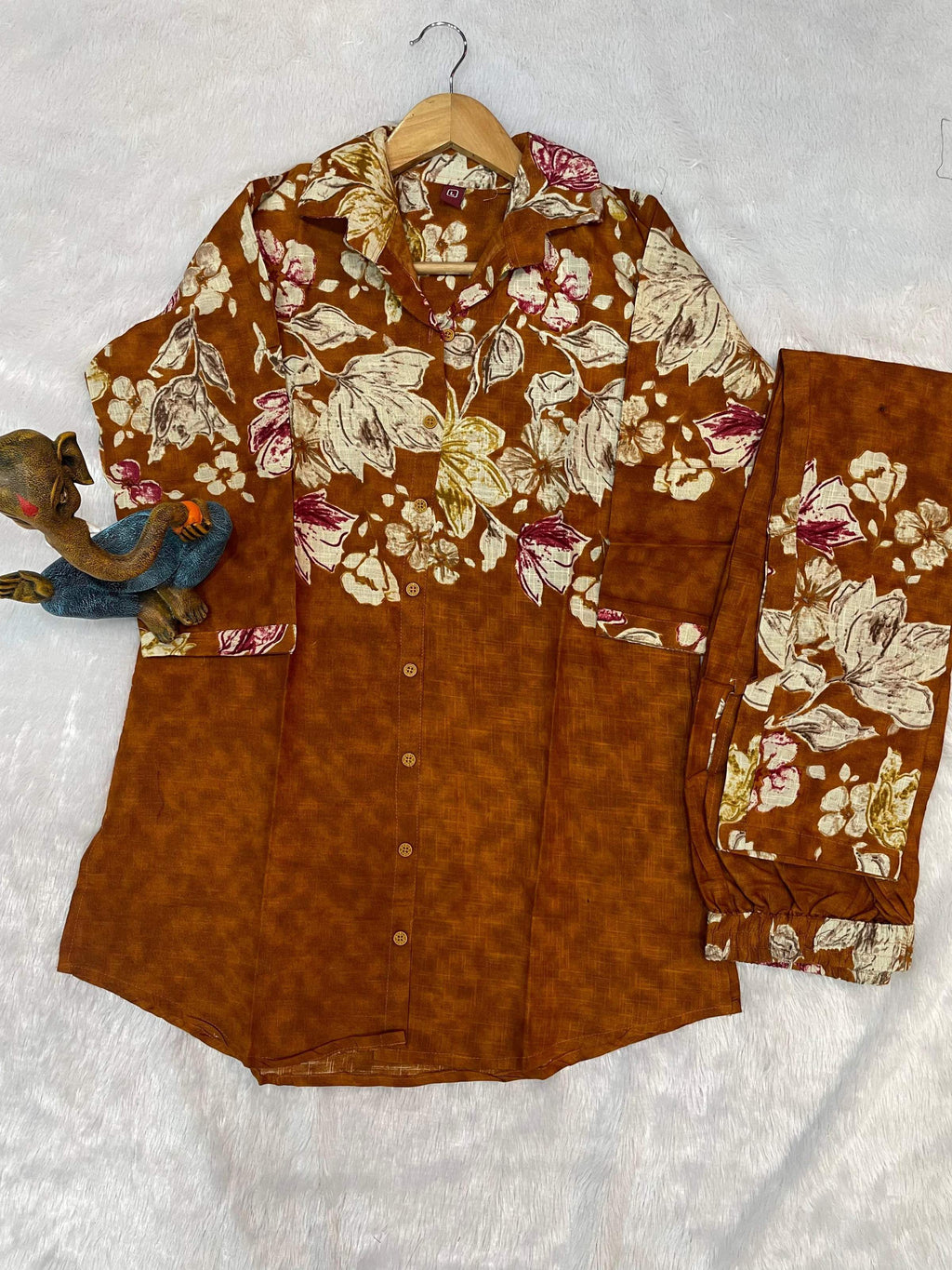 Sonakshi Women's Mustard Cotton Printed Straight Top & Bottom Set - Distacart