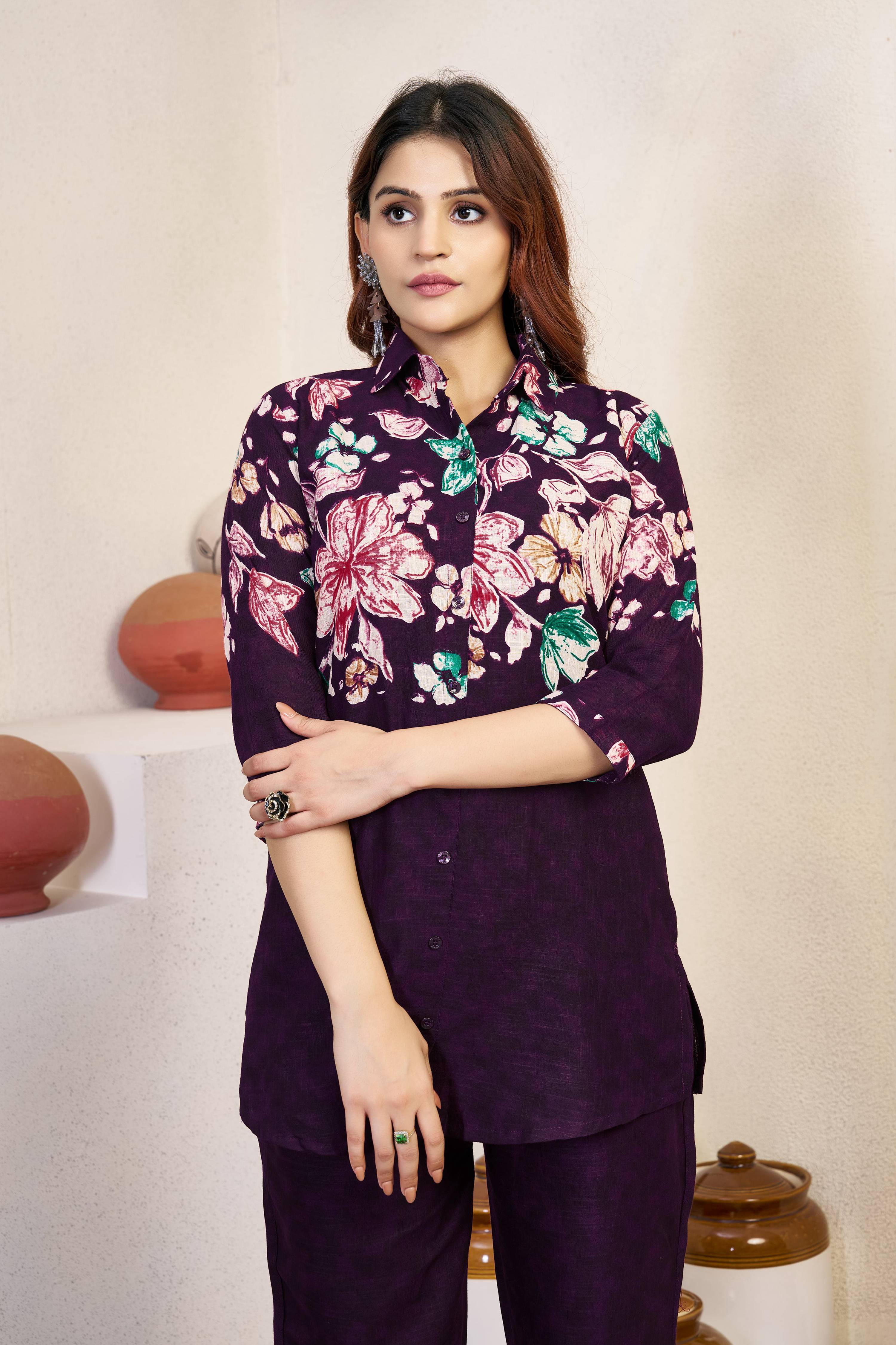 Sonakshi Women's Wine Cotton Printed Straight Top & Bottom Set - Distacart