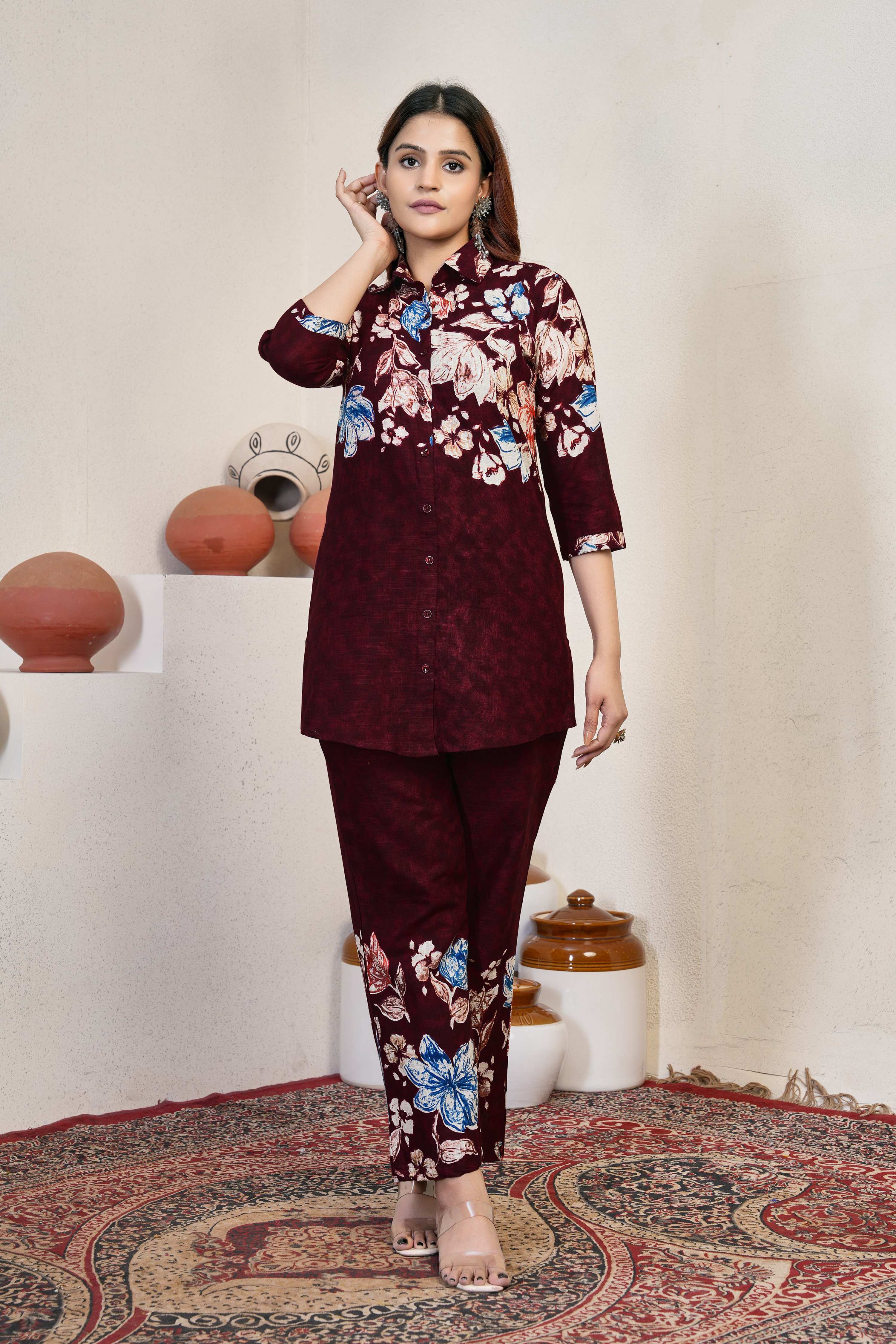 Sonakshi Women's Maroon Cotton Printed Straight Top & Bottom Set - Distacart