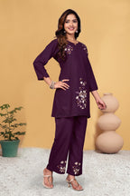 Sonakshi Women's Wine Viscose Rayon Embroidered Straight Top & Bottom Set - Distacart