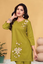 Sonakshi Women's Mehendi Viscose Rayon Embroidered Straight Top & Bottom Set - Distacart