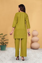 Sonakshi Women's Mehendi Viscose Rayon Embroidered Straight Top & Bottom Set - Distacart