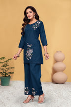 Sonakshi Women's Teal Viscose Rayon Embroidered Straight Top & Bottom Set - Distacart