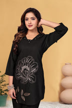 Sonakshi Women's Black Viscose Rayon Embroidered Straight Top & Bottom Set - Distacart