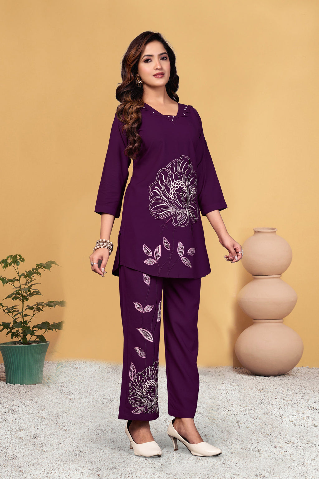 Sonakshi Women's Wine Viscose Rayon Embroidered Straight Top & Bottom Set - Distacart