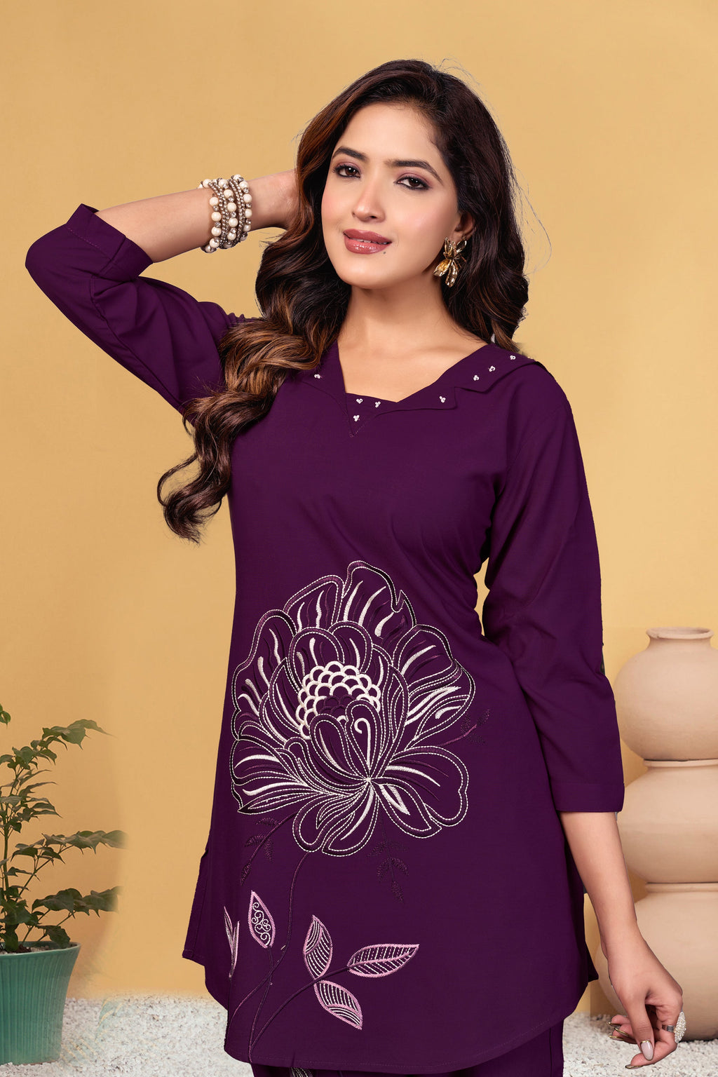 Sonakshi Women's Wine Viscose Rayon Embroidered Straight Top & Bottom Set - Distacart
