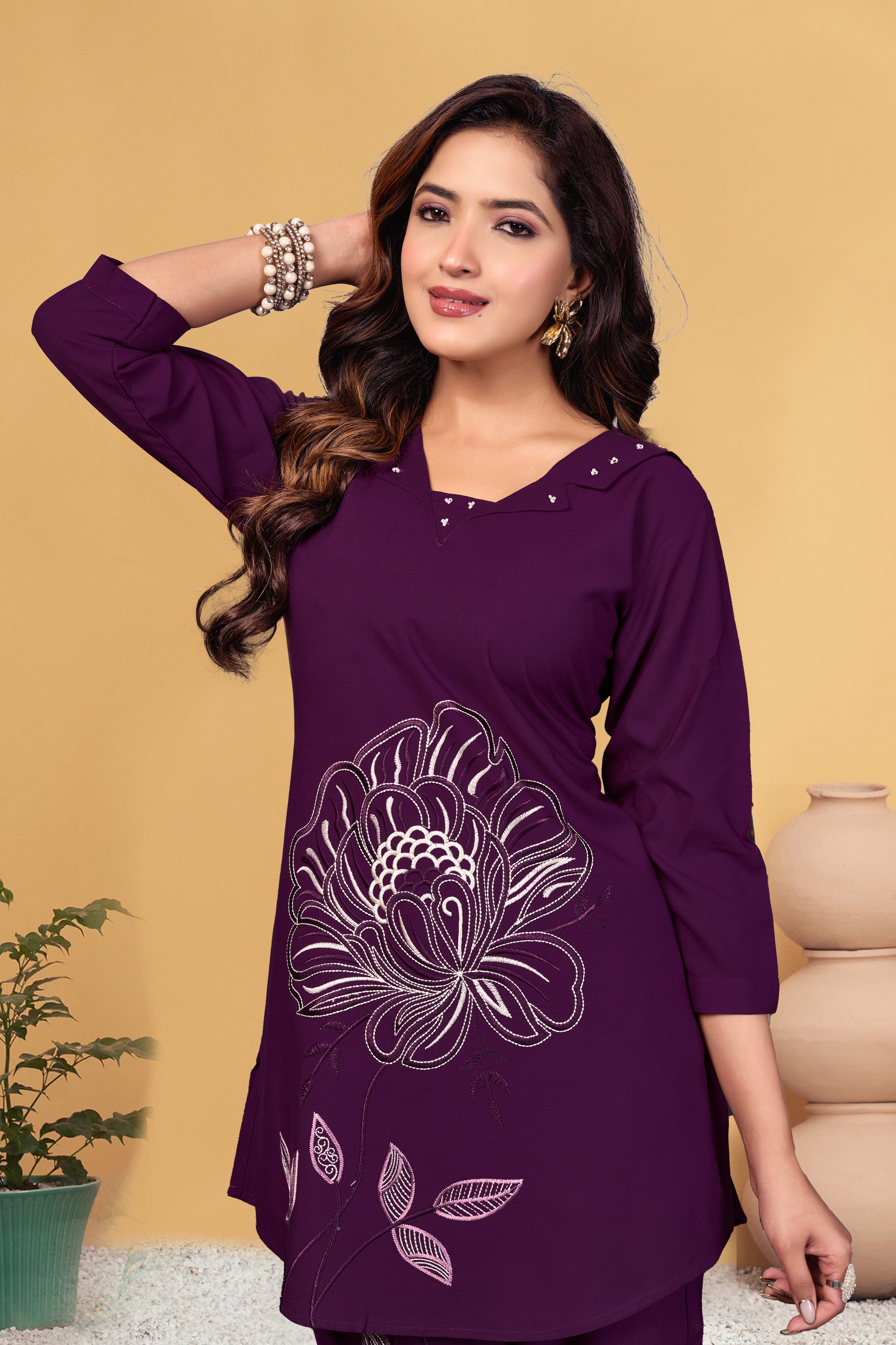 Sonakshi Women's Wine Viscose Rayon Embroidered Straight Top & Bottom Set - Distacart