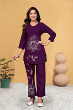 Sonakshi Women's Wine Viscose Rayon Embroidered Straight Top & Bottom Set - Distacart