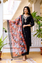 Sonakshi Women's Black Viscose Chanderi Embroidered Kurta Set with Dupatta - Distacart