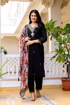 Sonakshi Women's Black Viscose Chanderi Embroidered Kurta Set with Dupatta - Distacart