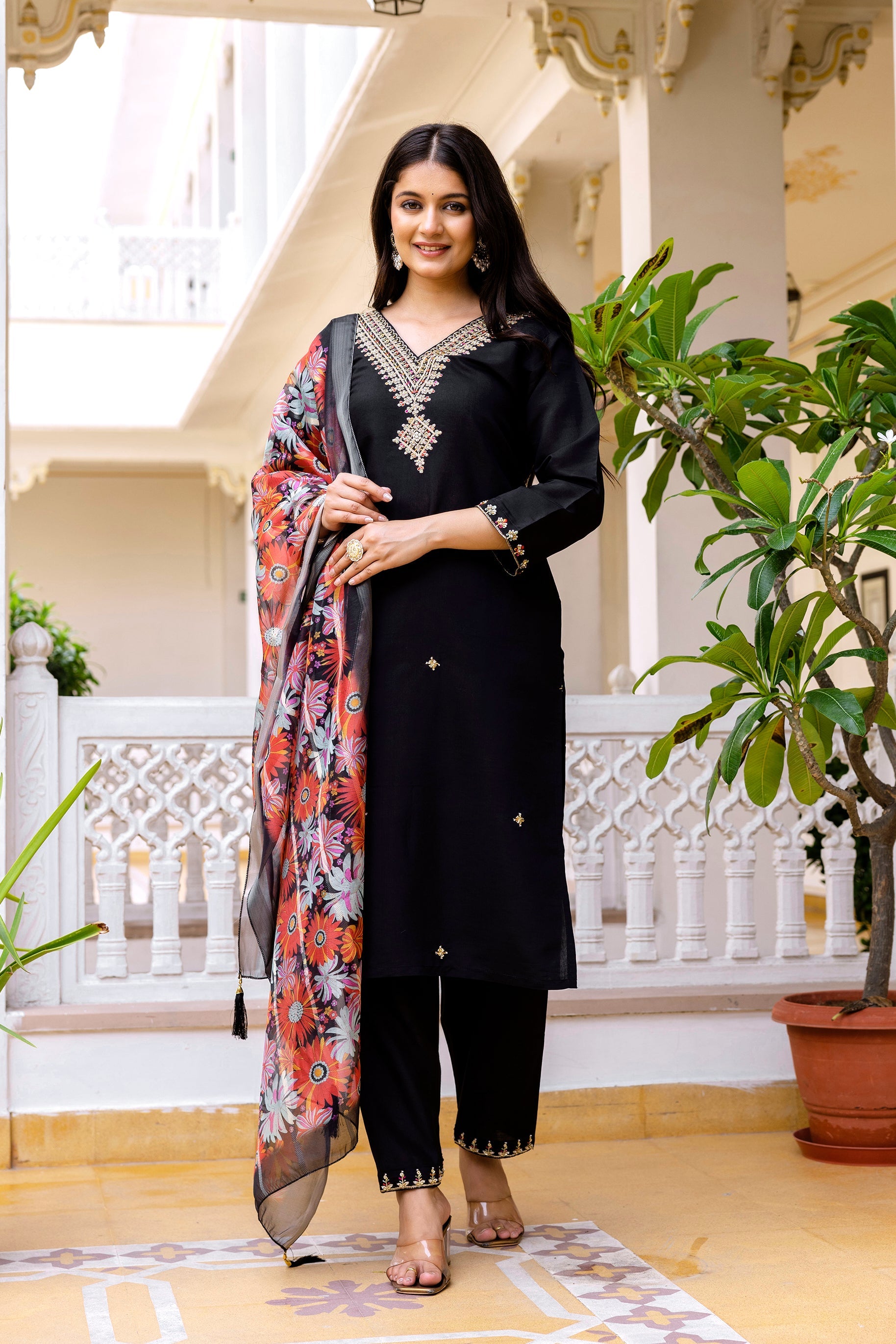 Sonakshi Women's Black Viscose Chanderi Embroidered Kurta Set with Dupatta - Distacart