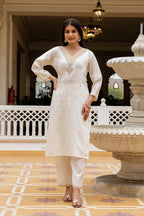 Sonakshi Women's White Viscose Chanderi Embroidered Kurta Set with Dupatta - Distacart