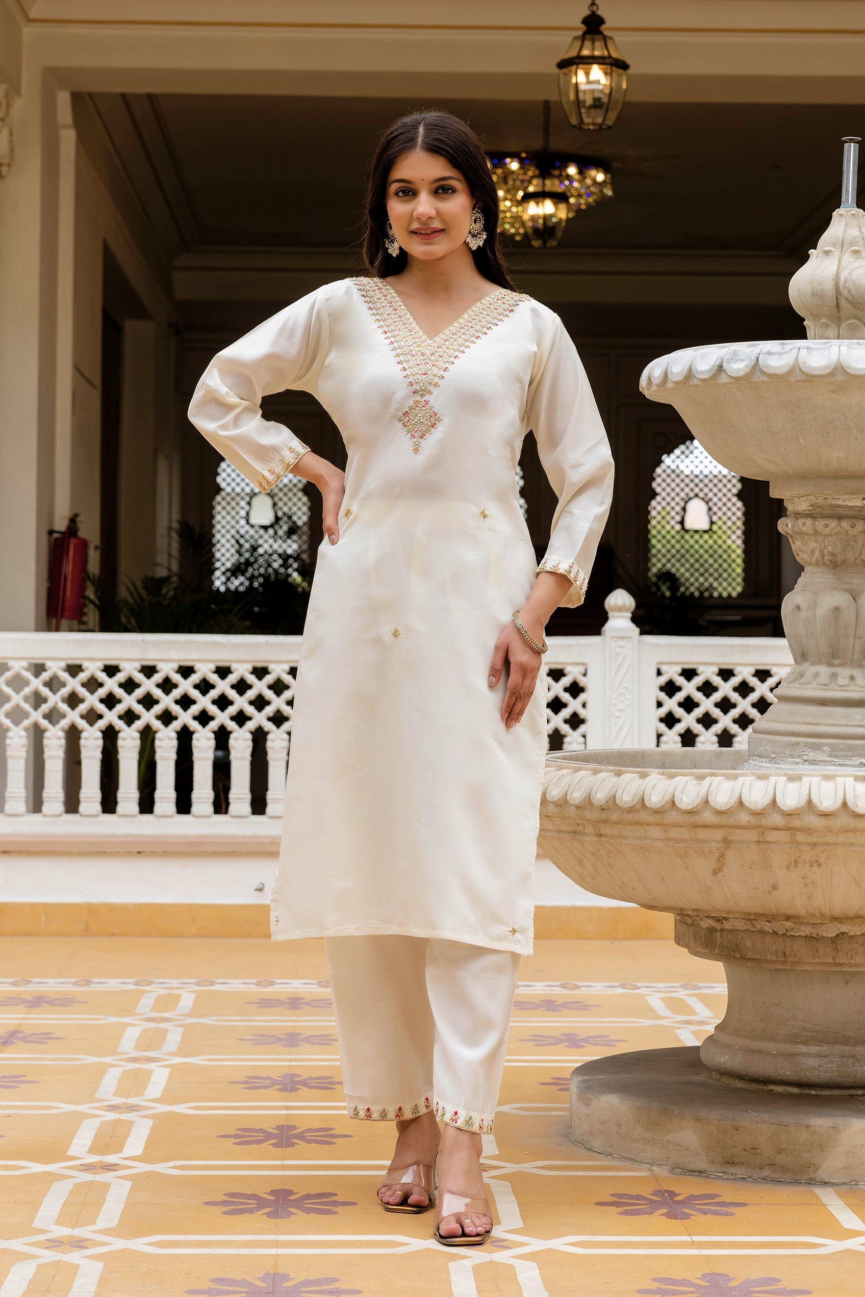 Sonakshi Women's White Viscose Chanderi Embroidered Kurta Set with Dupatta - Distacart