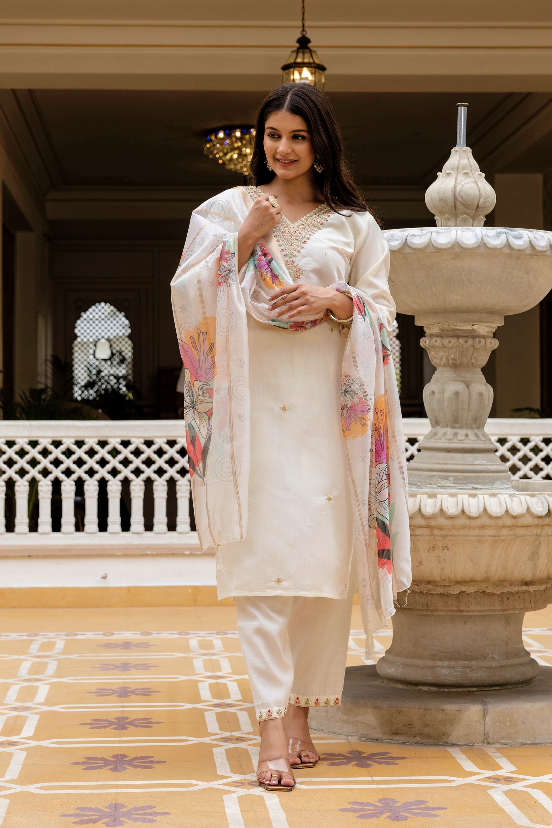 Sonakshi Women's White Viscose Chanderi Embroidered Kurta Set with Dupatta - Distacart