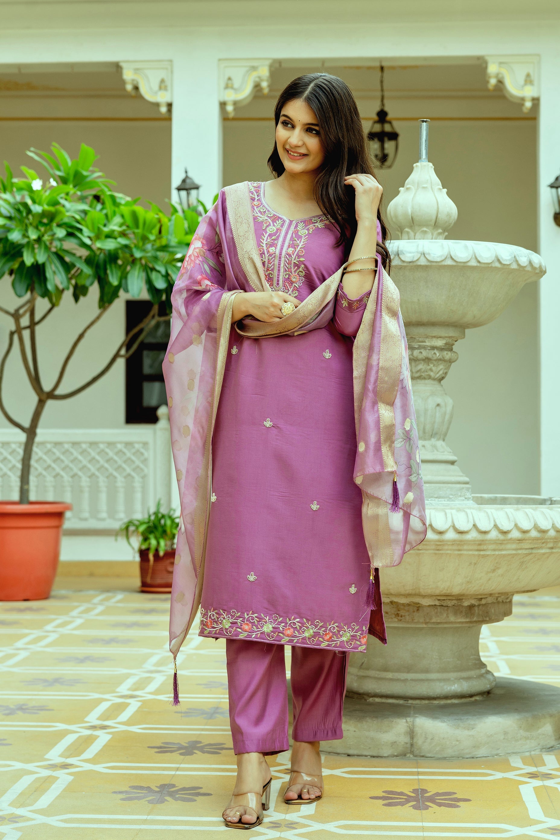 Sonakshi Women's Lavender Viscose Chanderi Silk Embroidered Beads Kurta Set with Dupatta - Distacart