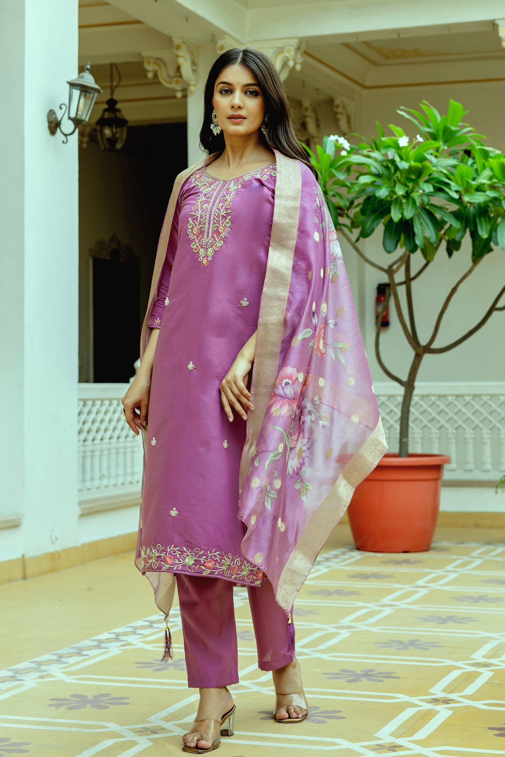 Sonakshi Women's Lavender Viscose Chanderi Silk Embroidered Beads Kurta Set with Dupatta - Distacart