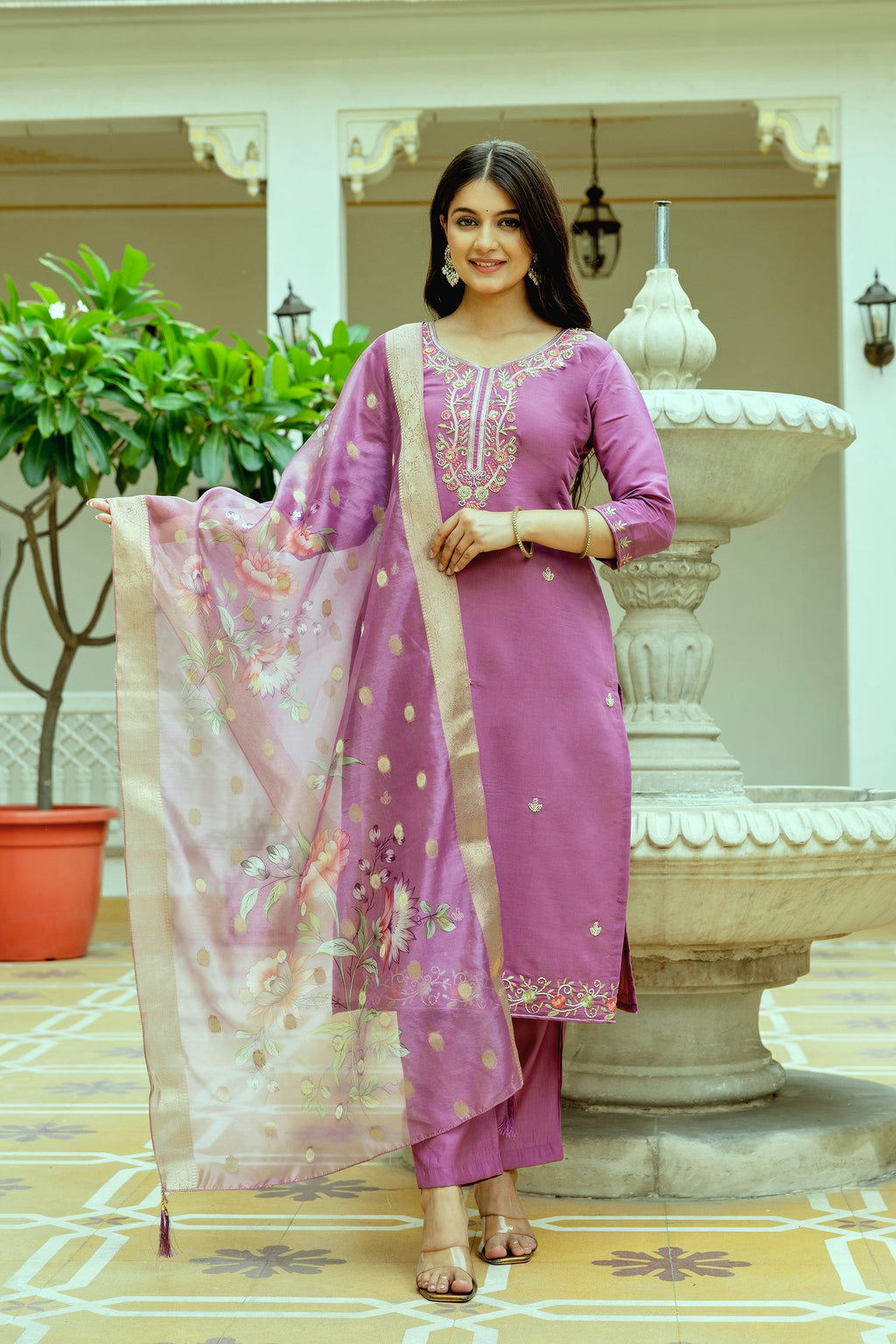 Sonakshi Women's Lavender Viscose Chanderi Silk Embroidered Beads Kurta Set with Dupatta - Distacart
