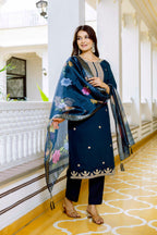 Sonakshi Women's Navy Blue Viscose Chanderi Embroidered Kurta Set with Dupatta - Distacart