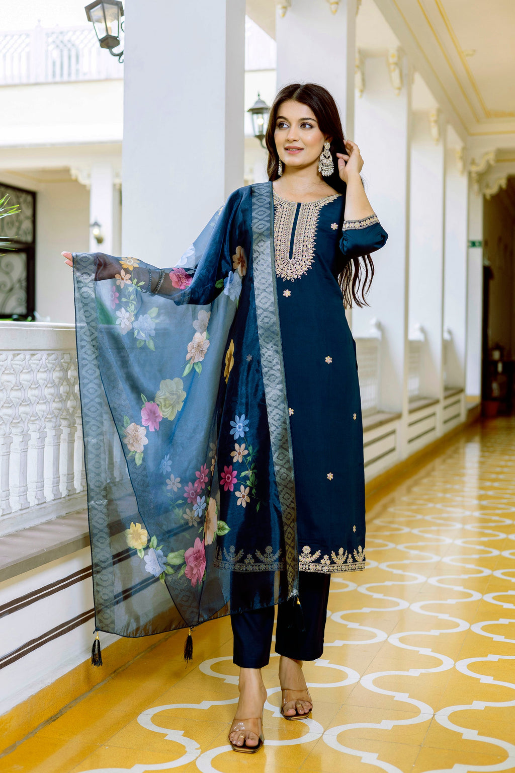 Sonakshi Women's Navy Blue Viscose Chanderi Embroidered Kurta Set with Dupatta - Distacart