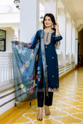 Sonakshi Women's Navy Blue Viscose Chanderi Embroidered Kurta Set with Dupatta - Distacart