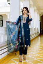 Sonakshi Women's Navy Blue Viscose Chanderi Embroidered Kurta Set with Dupatta - Distacart