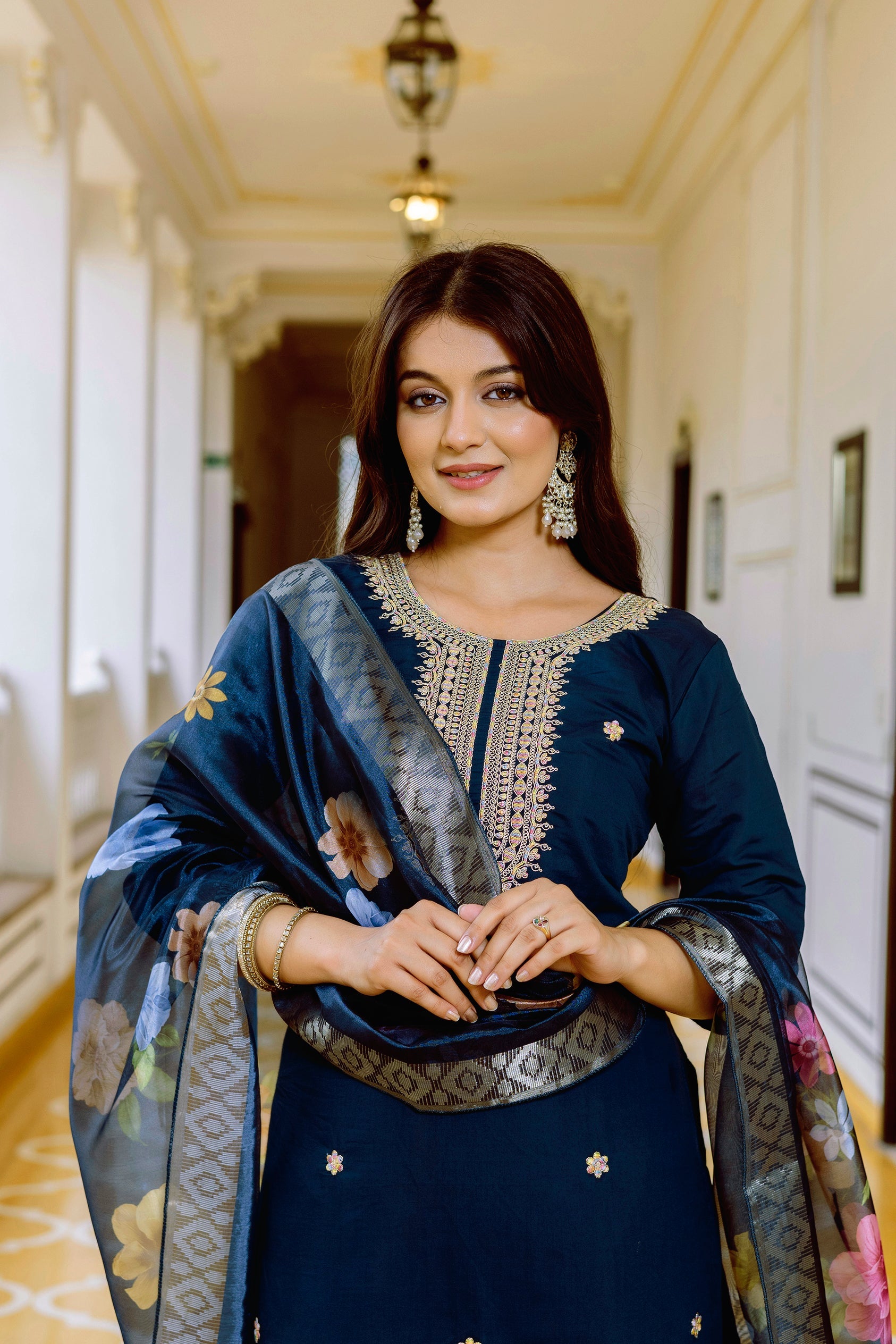 Sonakshi Women's Navy Blue Viscose Chanderi Embroidered Kurta Set with Dupatta - Distacart