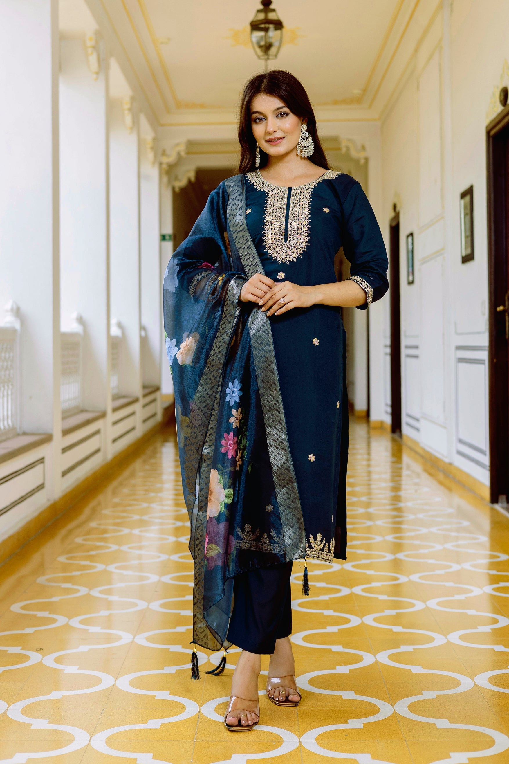 Sonakshi Women's Navy Blue Viscose Chanderi Embroidered Kurta Set with Dupatta - Distacart