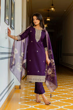 Sonakshi Women's Purple Viscose Chanderi Embroidered Kurta Set with Dupatta - Distacart
