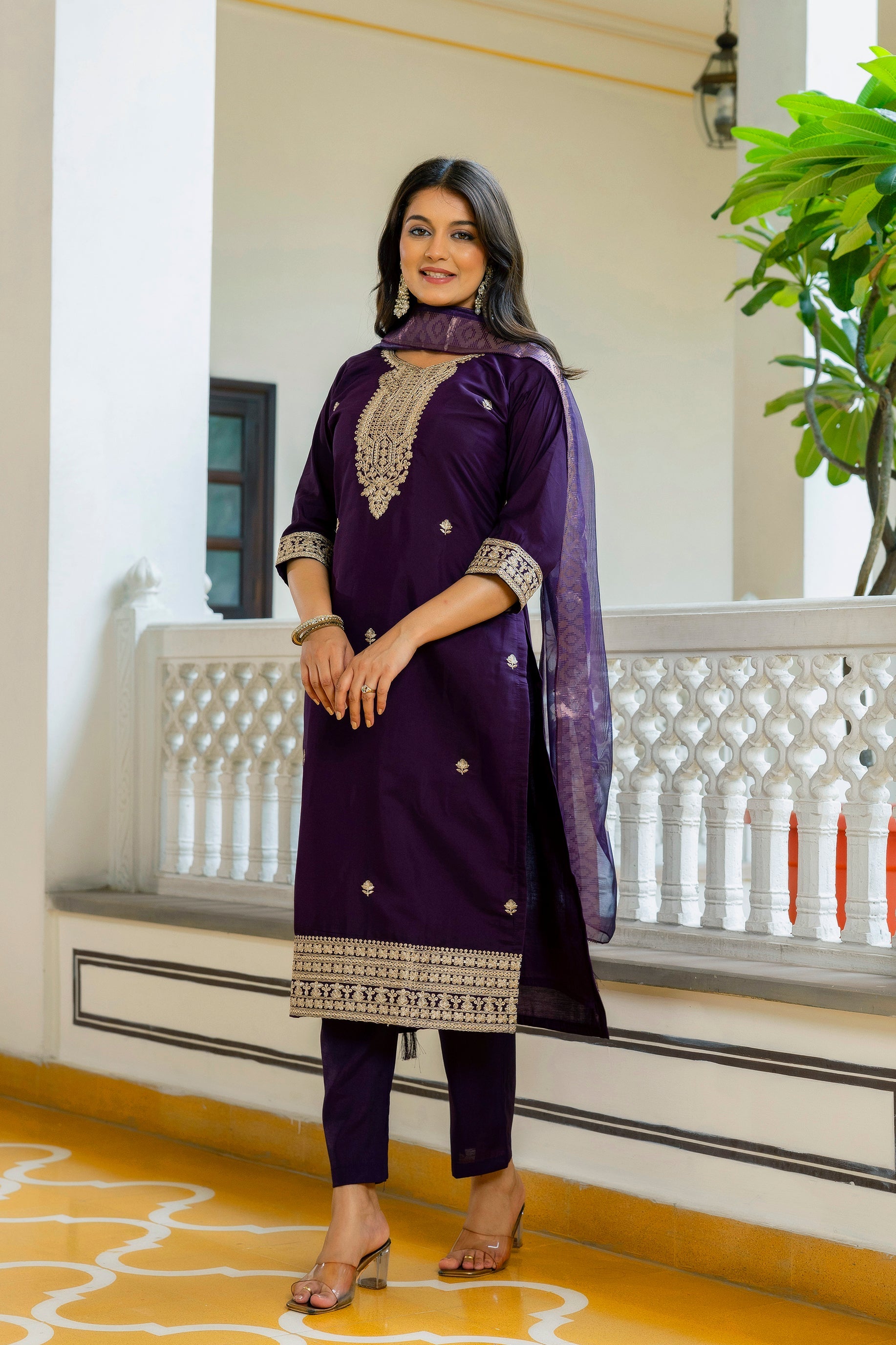 Sonakshi Women's Purple Viscose Chanderi Embroidered Kurta Set with Dupatta - Distacart
