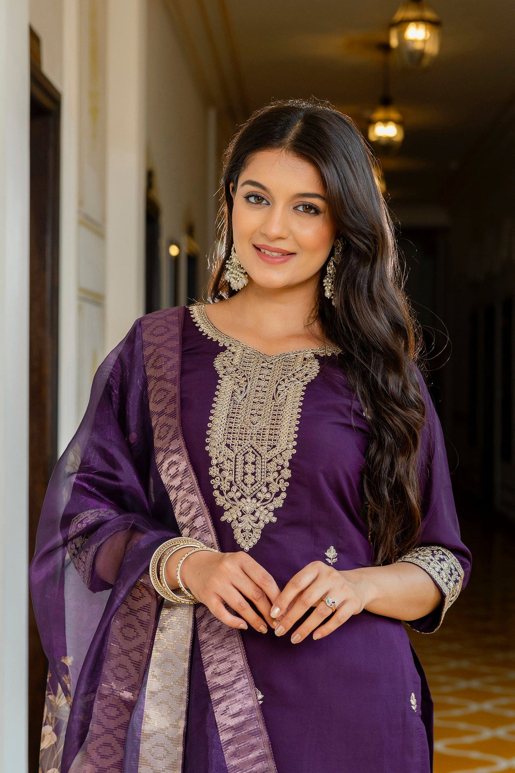 Sonakshi Women's Purple Viscose Chanderi Embroidered Kurta Set with Dupatta - Distacart